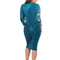 New Zealand Matariki Family Matching Long Sleeve Bodycon Dress and Hawaiian Shirt Maori Manaia Galaxy Silver Fern Blue Color