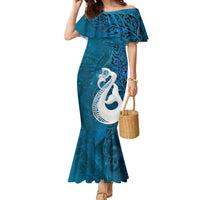 New Zealand Matariki Family Matching Mermaid Dress and Hawaiian Shirt Maori Manaia Galaxy Silver Fern Blue Color