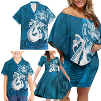 New Zealand Matariki Family Matching Off Shoulder Short Dress and Hawaiian Shirt Maori Manaia Galaxy Silver Fern Blue Color