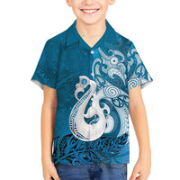 New Zealand Matariki Family Matching Short Sleeve Bodycon Dress and Hawaiian Shirt Maori Manaia Galaxy Silver Fern Blue Color