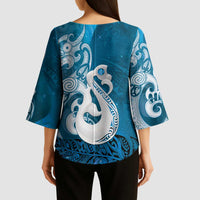 New Zealand Matariki Kimono Sleeve Blouse Maori Manaia Galaxy Silver Fern Blue Color
