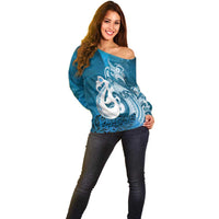 New Zealand Matariki Off Shoulder Sweater Maori Manaia Galaxy Silver Fern Blue Color
