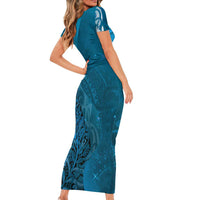 New Zealand Matariki Short Sleeve Bodycon Dress Maori Manaia Galaxy Silver Fern Blue Color