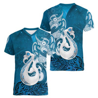 New Zealand Matariki Women V-Neck T-Shirt Maori Manaia Galaxy Silver Fern Blue Color