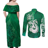 New Zealand Matariki Couples Matching Off Shoulder Maxi Dress and Long Sleeve Button Shirt Maori Manaia Galaxy Silver Fern Green Color