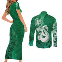 New Zealand Matariki Couples Matching Short Sleeve Bodycon Dress and Long Sleeve Button Shirt Maori Manaia Galaxy Silver Fern Green Color