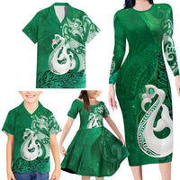 New Zealand Matariki Family Matching Long Sleeve Bodycon Dress and Hawaiian Shirt Maori Manaia Galaxy Silver Fern Green Color