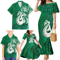 New Zealand Matariki Family Matching Mermaid Dress and Hawaiian Shirt Maori Manaia Galaxy Silver Fern Green Color