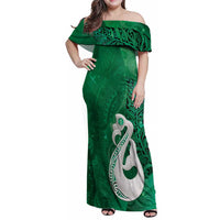 New Zealand Matariki Family Matching Off Shoulder Maxi Dress and Hawaiian Shirt Maori Manaia Galaxy Silver Fern Green Color
