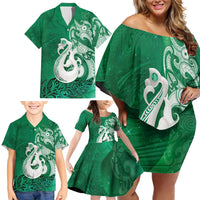 New Zealand Matariki Family Matching Off Shoulder Short Dress and Hawaiian Shirt Maori Manaia Galaxy Silver Fern Green Color
