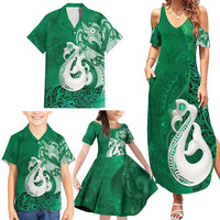 New Zealand Matariki Family Matching Summer Maxi Dress and Hawaiian Shirt Maori Manaia Galaxy Silver Fern Green Color