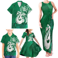 New Zealand Matariki Family Matching Tank Maxi Dress and Hawaiian Shirt Maori Manaia Galaxy Silver Fern Green Color