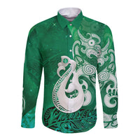 New Zealand Matariki Long Sleeve Button Shirt Maori Manaia Galaxy Silver Fern Green Color