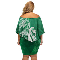 New Zealand Matariki Off Shoulder Short Dress Maori Manaia Galaxy Silver Fern Green Color