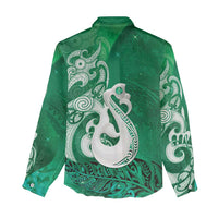 New Zealand Matariki Women Casual Shirt Maori Manaia Galaxy Silver Fern Green Color