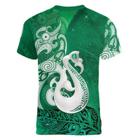 New Zealand Matariki Women V-Neck T-Shirt Maori Manaia Galaxy Silver Fern Green Color