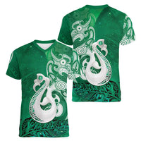 New Zealand Matariki Women V-Neck T-Shirt Maori Manaia Galaxy Silver Fern Green Color