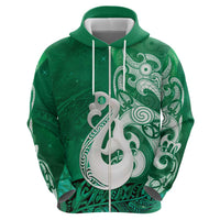 New Zealand Matariki Zip Hoodie Maori Manaia Galaxy Silver Fern Green Color