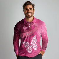 New Zealand Breast Cancer Awareness Long Sleeve Polo Shirt Pink Ribbon Butterfly Maori Pattern