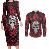 New Zealand Maori Language Week Couples Matching Long Sleeve Bodycon Dress and Long Sleeve Button Shirt Te Wiki O Te Reo Maori Hei Tiki LT22 Red - Polynesian Pride