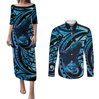 New Zealand Matariki Couples Matching Puletasi and Long Sleeve Button Shirt Maori Humpback Whale Galaxy