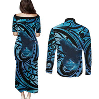 New Zealand Matariki Couples Matching Puletasi and Long Sleeve Button Shirt Maori Humpback Whale Galaxy