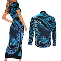 New Zealand Matariki Couples Matching Short Sleeve Bodycon Dress and Long Sleeve Button Shirt Maori Humpback Whale Galaxy