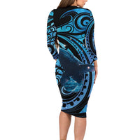 New Zealand Matariki Family Matching Long Sleeve Bodycon Dress and Hawaiian Shirt Maori Humpback Whale Galaxy