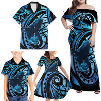 New Zealand Matariki Family Matching Off Shoulder Maxi Dress and Hawaiian Shirt Maori Humpback Whale Galaxy