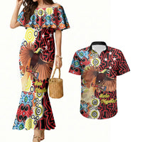 Personalised Papua New Guinea Pidgin Language Week Couples Matching Mermaid Dress and Hawaiian Shirt Halo Olgeta Tok Pisin Wik Bird Of Paradise Oro Batik LT22 Red - Polynesian Pride