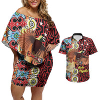 Personalised Papua New Guinea Pidgin Language Week Couples Matching Off Shoulder Short Dress and Hawaiian Shirt Halo Olgeta Tok Pisin Wik Bird Of Paradise Oro Batik LT22 Red - Polynesian Pride