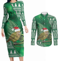 New Zealand Kakapo Christmas In July Couples Matching Long Sleeve Bodycon Dress and Long Sleeve Button Shirt Silver Fern Santa Xmas Green Color LT22 Green - Polynesian Pride