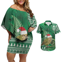 New Zealand Kakapo Christmas In July Couples Matching Off Shoulder Short Dress and Hawaiian Shirt Silver Fern Santa Xmas Green Color LT22 Green - Polynesian Pride