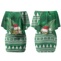 New Zealand Kakapo Christmas In July Couples Matching Off Shoulder Short Dress and Hawaiian Shirt Silver Fern Santa Xmas Green Color LT22 - Polynesian Pride
