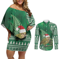 New Zealand Kakapo Christmas In July Couples Matching Off Shoulder Short Dress and Long Sleeve Button Shirt Silver Fern Santa Xmas Green Color LT22 Green - Polynesian Pride