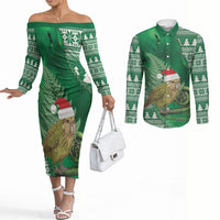 New Zealand Kakapo Christmas In July Couples Matching Off The Shoulder Long Sleeve Dress and Long Sleeve Button Shirt Silver Fern Santa Xmas Green Color LT22 Green - Polynesian Pride