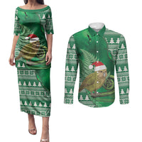 New Zealand Kakapo Christmas In July Couples Matching Puletasi and Long Sleeve Button Shirt Silver Fern Santa Xmas Green Color LT22 Green - Polynesian Pride