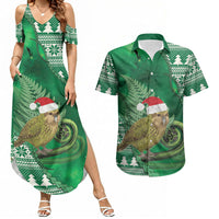 New Zealand Kakapo Christmas In July Couples Matching Summer Maxi Dress and Hawaiian Shirt Silver Fern Santa Xmas Green Color LT22 Green - Polynesian Pride