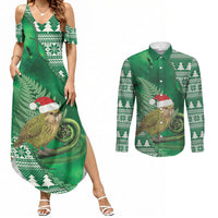 New Zealand Kakapo Christmas In July Couples Matching Summer Maxi Dress and Long Sleeve Button Shirt Silver Fern Santa Xmas Green Color LT22 Green - Polynesian Pride