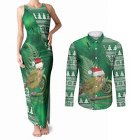New Zealand Kakapo Christmas In July Couples Matching Tank Maxi Dress and Long Sleeve Button Shirt Silver Fern Santa Xmas Green Color LT22 Green - Polynesian Pride