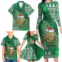 New Zealand Kakapo Christmas In July Family Matching Long Sleeve Bodycon Dress and Hawaiian Shirt Silver Fern Santa Xmas Green Color LT22 - Polynesian Pride