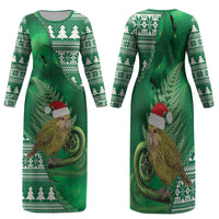 New Zealand Kakapo Christmas In July Family Matching Long Sleeve Bodycon Dress and Hawaiian Shirt Silver Fern Santa Xmas Green Color LT22 Mom's Dress Green - Polynesian Pride