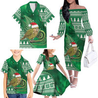 New Zealand Kakapo Christmas In July Family Matching Off The Shoulder Long Sleeve Dress and Hawaiian Shirt Silver Fern Santa Xmas Green Color