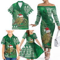 New Zealand Kakapo Christmas In July Family Matching Off The Shoulder Long Sleeve Dress and Hawaiian Shirt Silver Fern Santa Xmas Green Color LT22 - Polynesian Pride
