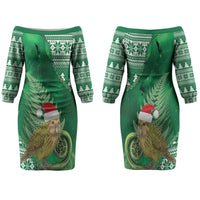 New Zealand Kakapo Christmas In July Family Matching Off The Shoulder Long Sleeve Dress and Hawaiian Shirt Silver Fern Santa Xmas Green Color LT22 Mom's Dress Green - Polynesian Pride
