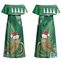 New Zealand Kakapo Christmas In July Family Matching Off Shoulder Maxi Dress and Hawaiian Shirt Silver Fern Santa Xmas Green Color LT22 Mom's Dress Green - Polynesian Pride