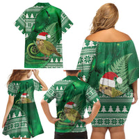 New Zealand Kakapo Christmas In July Family Matching Off Shoulder Short Dress and Hawaiian Shirt Silver Fern Santa Xmas Green Color