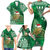 New Zealand Kakapo Christmas In July Family Matching Short Sleeve Bodycon Dress and Hawaiian Shirt Silver Fern Santa Xmas Green Color