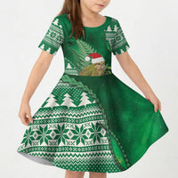 New Zealand Kakapo Christmas In July Kid Short Sleeve Dress Silver Fern Santa Xmas Green Color LT22 KID Green - Polynesian Pride