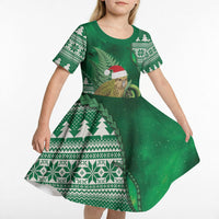 New Zealand Kakapo Christmas In July Kid Short Sleeve Dress Silver Fern Santa Xmas Green Color LT22 - Polynesian Pride